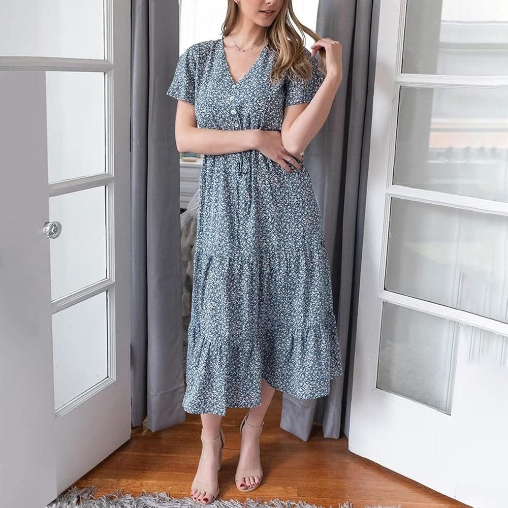 Pretty Garden Floral Blue Midi Dress